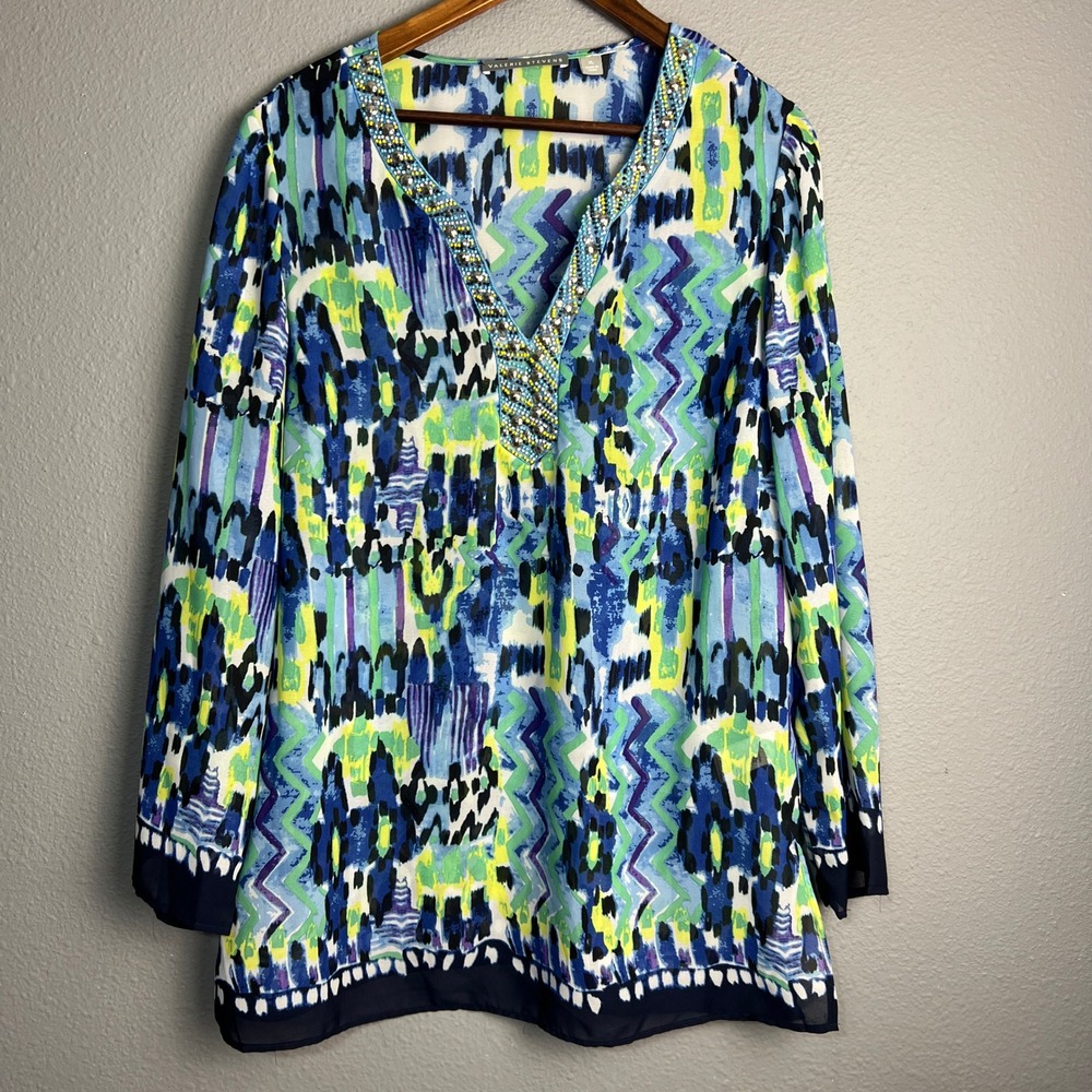 Valerie Stevens Watercolor Beaded V-Neck Tunic Top Colorful‎ Print Blouse XL